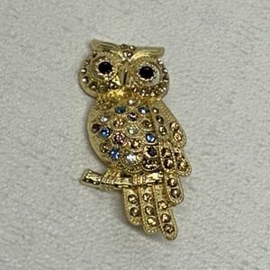 VTG Monet Owl Rhinestone Gold Tone Brooch Pin Mint Condition